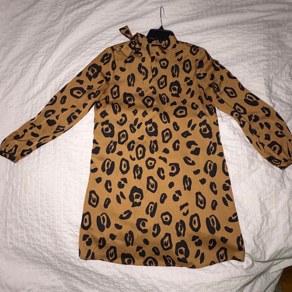 Who What Wear Mini Dress Women S Brown Leopard High Tie Neck Long Sleeve Shift - Picture 4 of 9